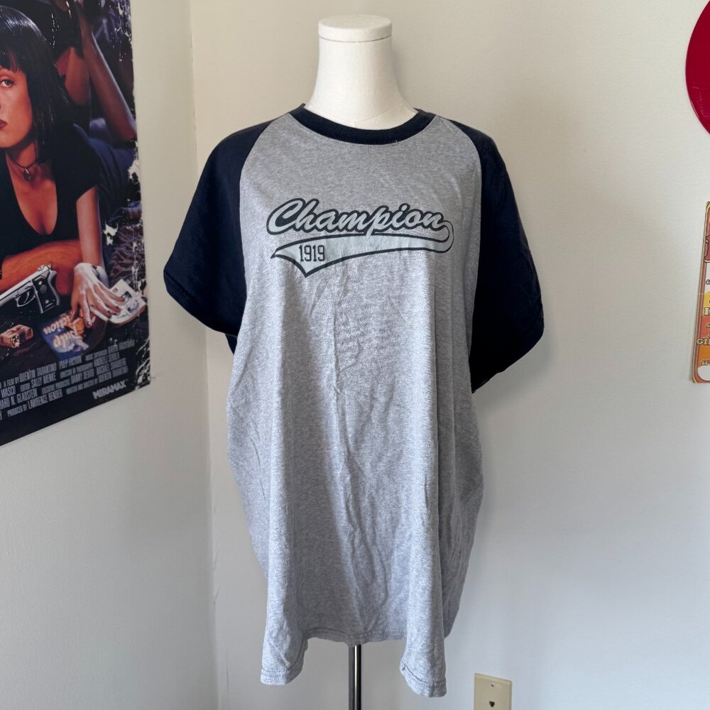 Champion Navy Blue and Grey Baseball Style Graphic T Shirt